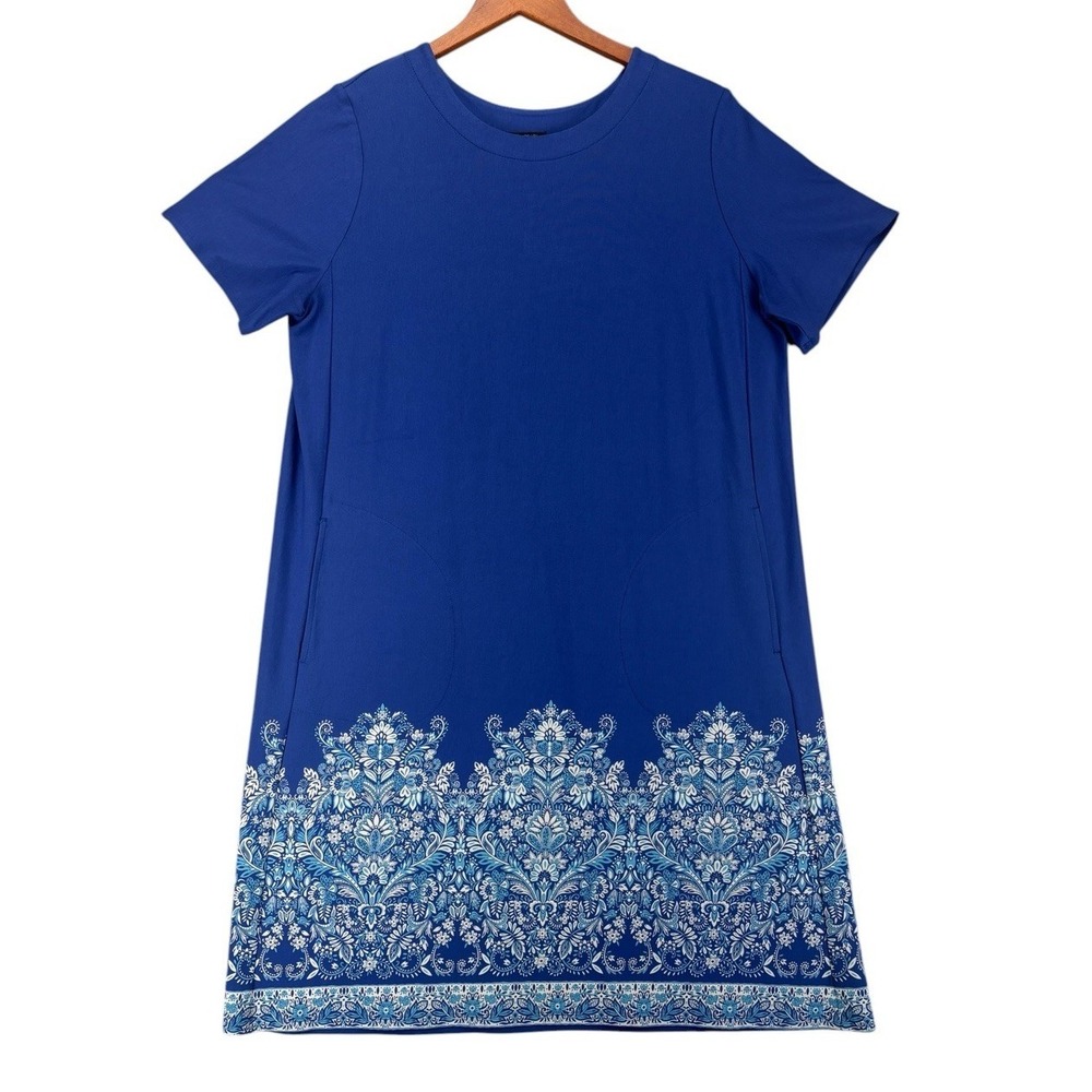 J Jill Wearever Collection Dress M Blue Boho Paisley Border Pockets Stretch Eco - Picture 4 of 10